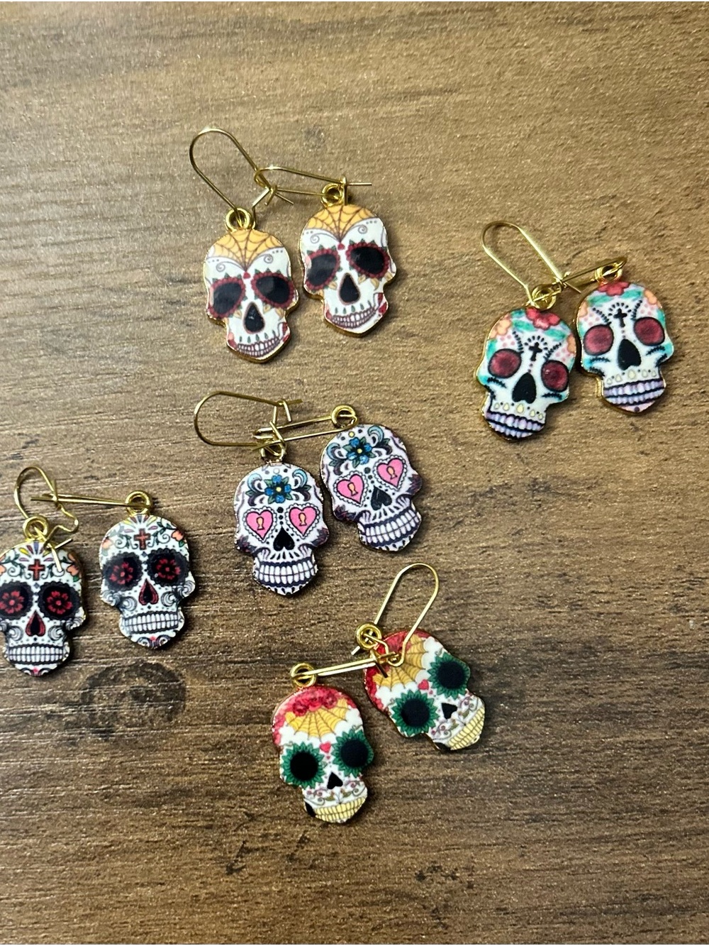 Colorful Sugar Skull Dangle Earrings - Assorted Day of the Dead Designs 5 pair